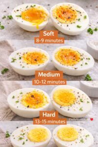 Vertical collage of three halved air fryer hard boiled eggs labeled soft (8–9 minutes), medium (10–12 minutes), and hard (13–15 minutes), clearly showing the progression from jammy, slightly runny yolk to creamy center and fully firm bright yellow yolk, arranged on a light surface with simple garnish.