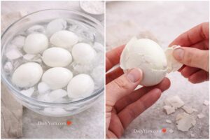 Collage showing air fryer hard boiled eggs being transferred into a bowl of ice water on one side, and a close-up of hands peeling a cooled egg on the other, with visible shell fragments and smooth egg white underneath, demonstrating the cooling and peeling process.