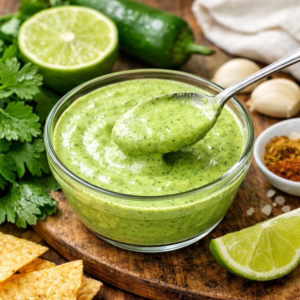creamy homemade cilantro lime sauce in a glass ramekin