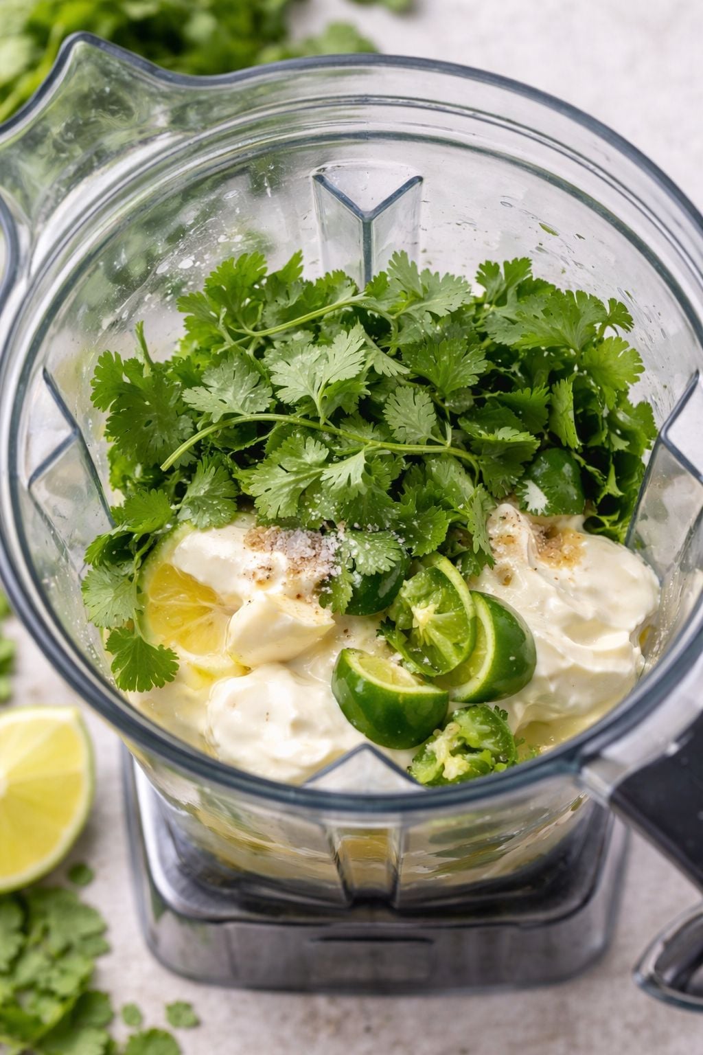 Cilantro lime sauce ingredients in blender with fresh cilantro, lime juice, garlic, jalapeño and creamy base before blending