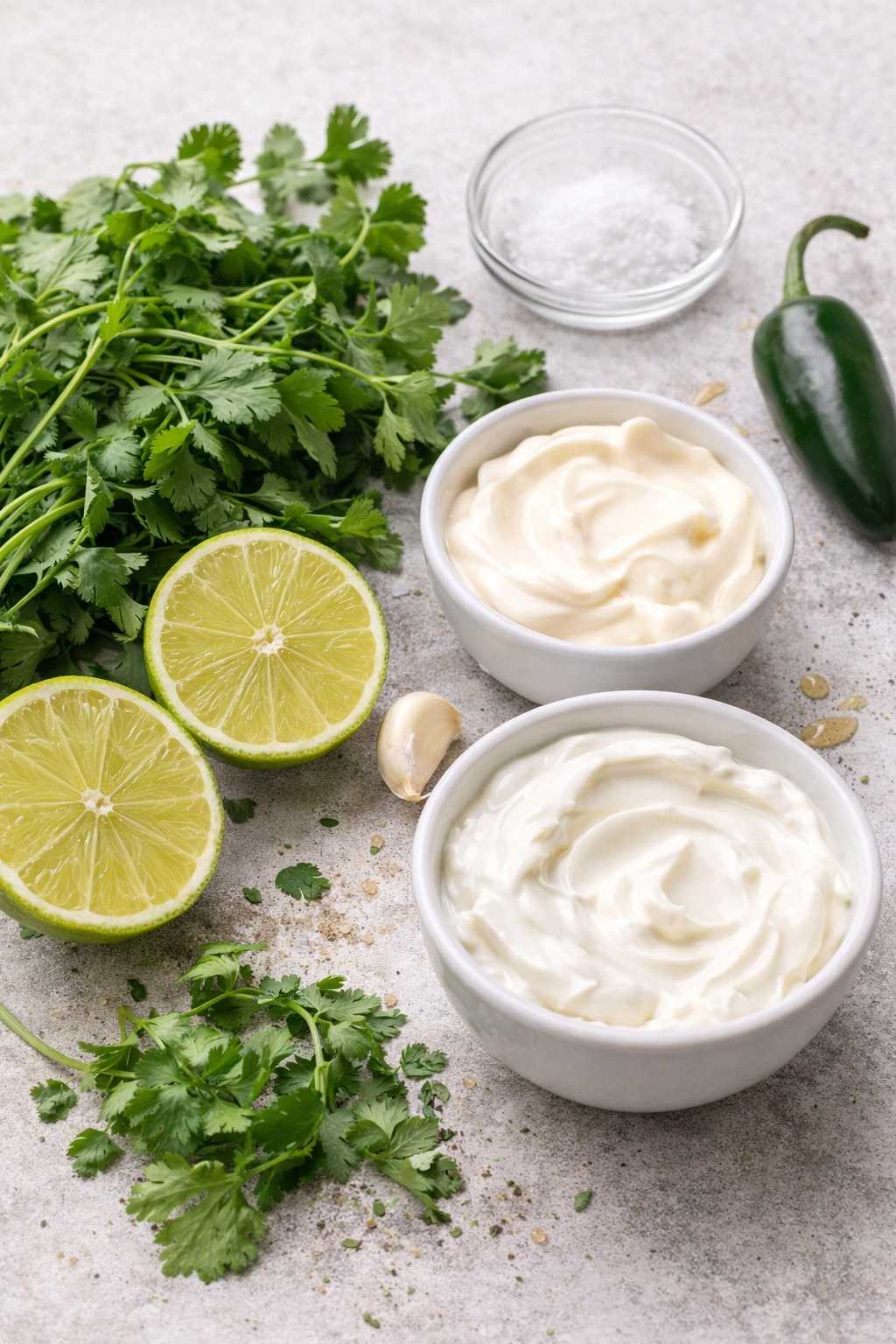 Cilantro lime sauce ingredients laid out with fresh cilantro, lime halves, garlic, jalapeño, sour cream and mayo