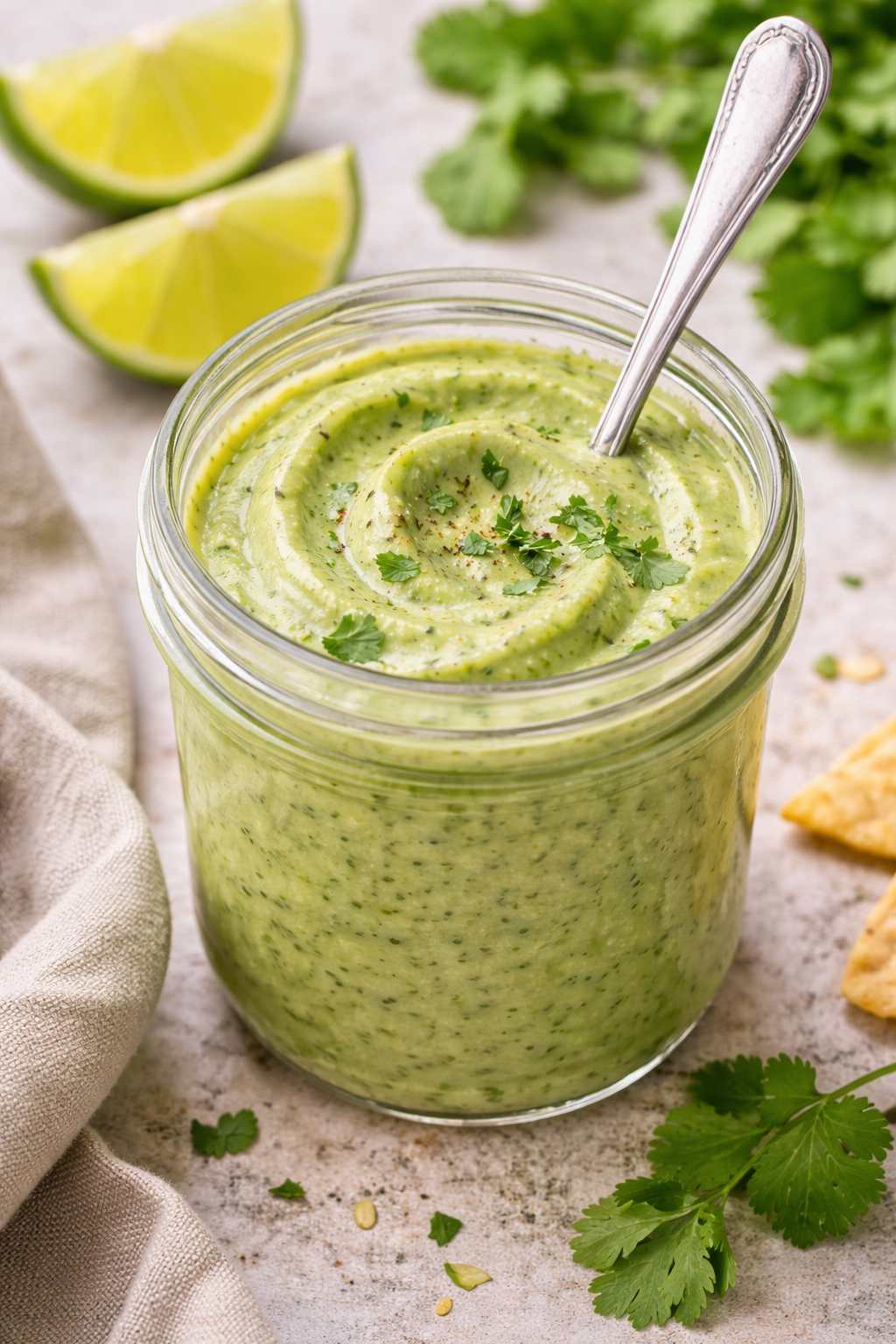 Homemade cilantro lime sauce in a mason jar with spoon, creamy green texture with fresh cilantro and lime wedges