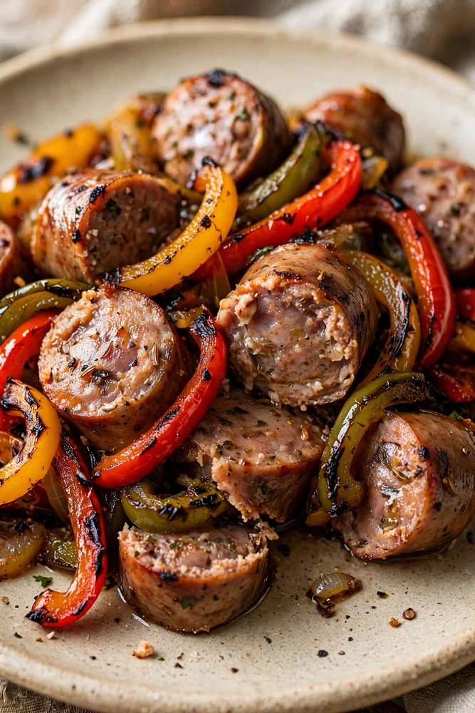 Close-up of sliced air fryer Italian sausage with charred bell peppers and onions on a plate