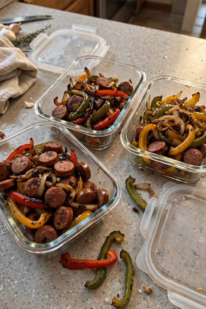 Glass meal prep containers filled with air fryer sausage, peppers, and onions