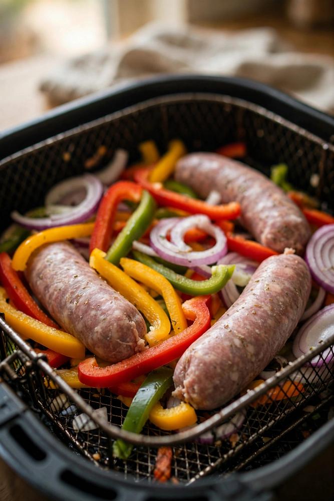 Raw Italian sausage links with sliced bell peppers and onions in an air fryer basket before cooking