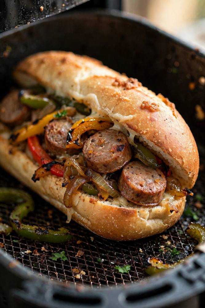 Air fryer sausage and peppers sandwich with melted cheese in a toasted hoagie roll, served in the air fryer basket