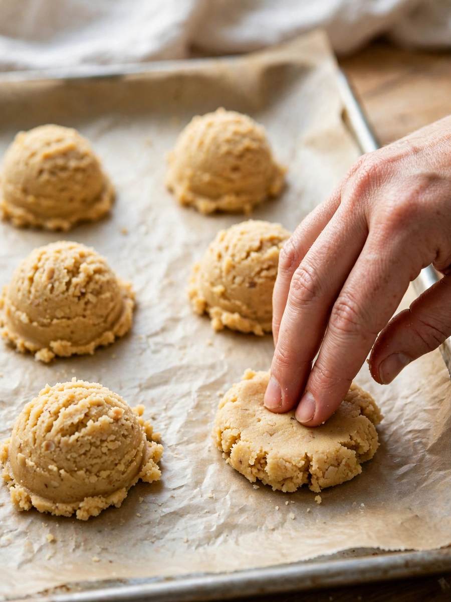 Cookie dough flattened on a baking sheet before baking