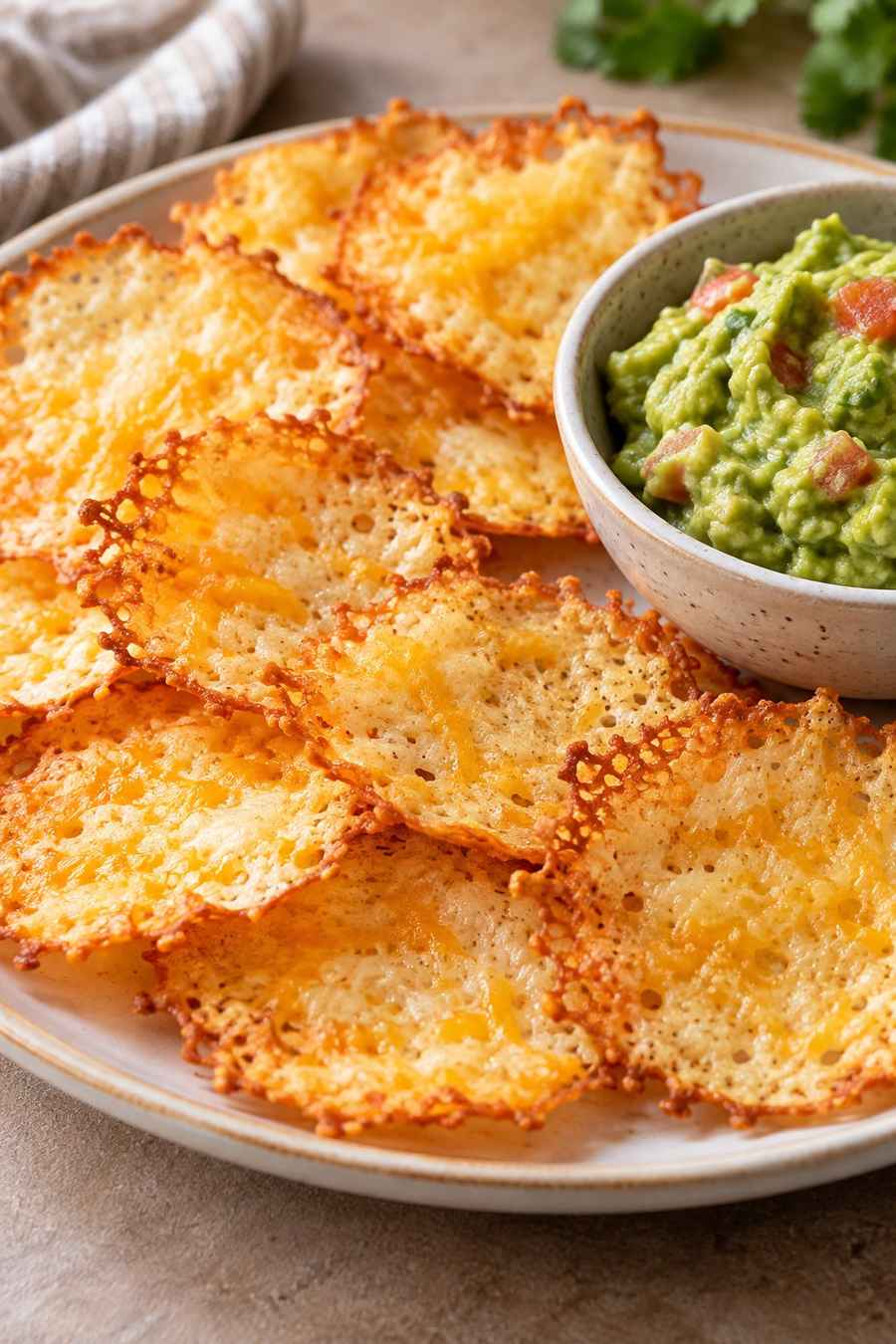 Keto cheese chips served with guacamole